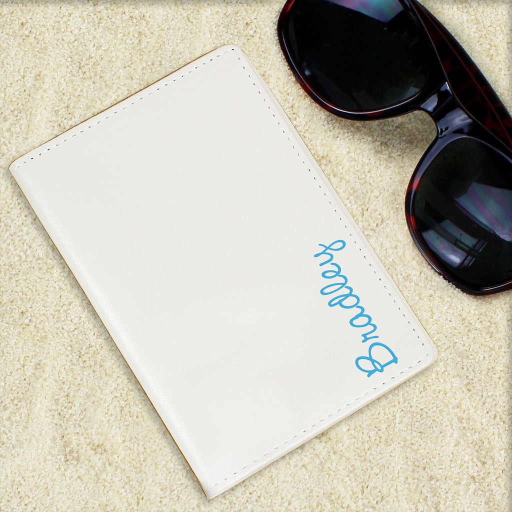 Personalised Blue Name Cream Leather Passport Holder