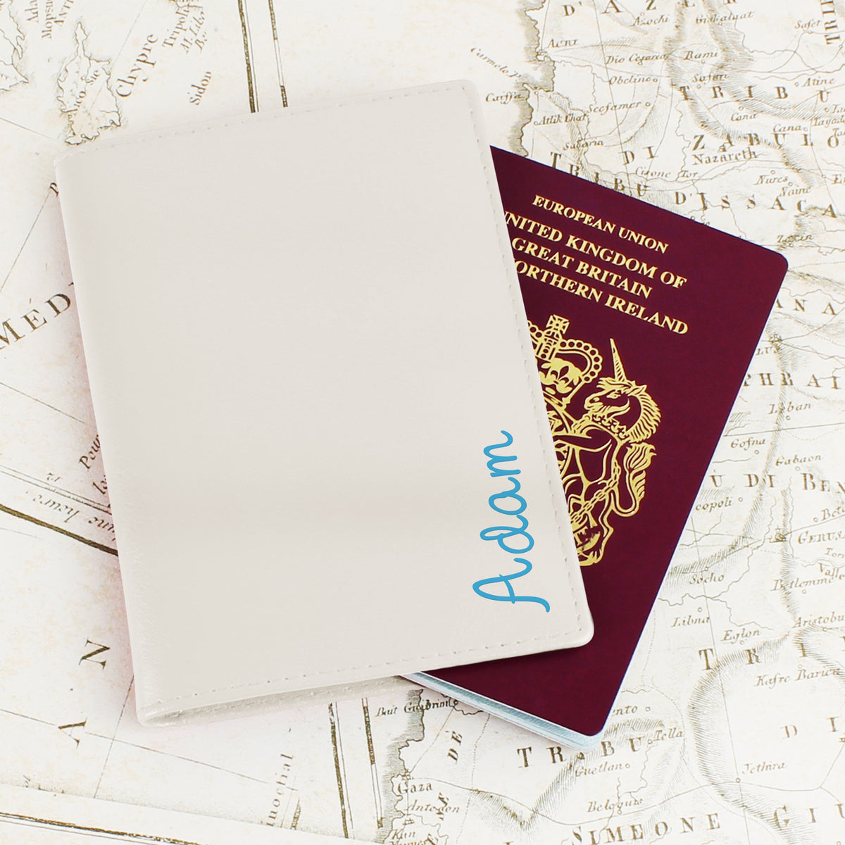 Personalised Blue Name Cream Leather Passport Holder