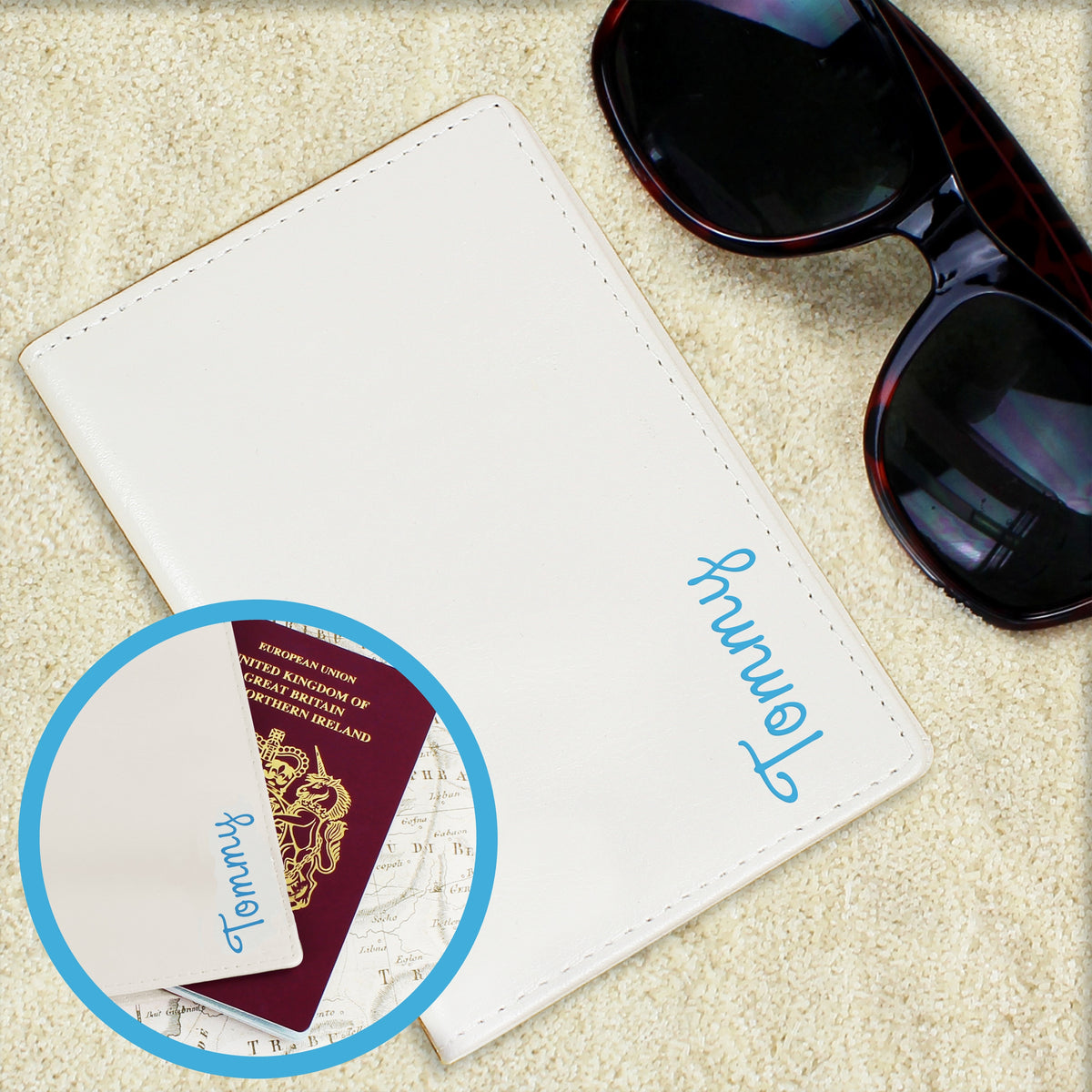 Personalised Blue Name Cream Leather Passport Holder
