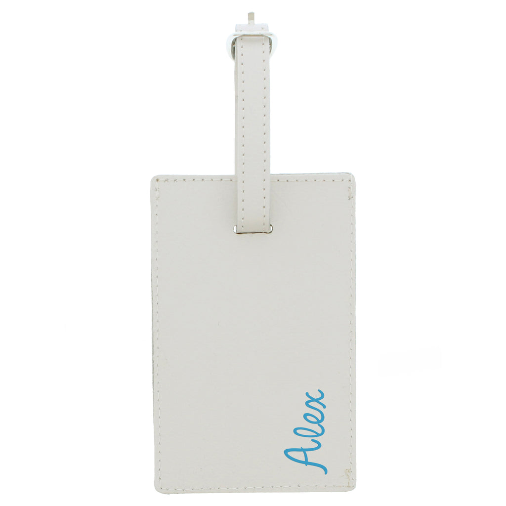 Personalised Blue Name Cream Leather Luggage Tag
