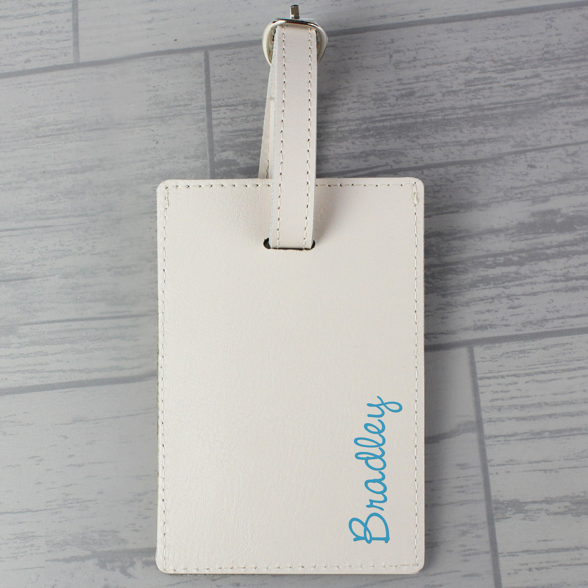 Personalised Blue Name Cream Leather Luggage Tag