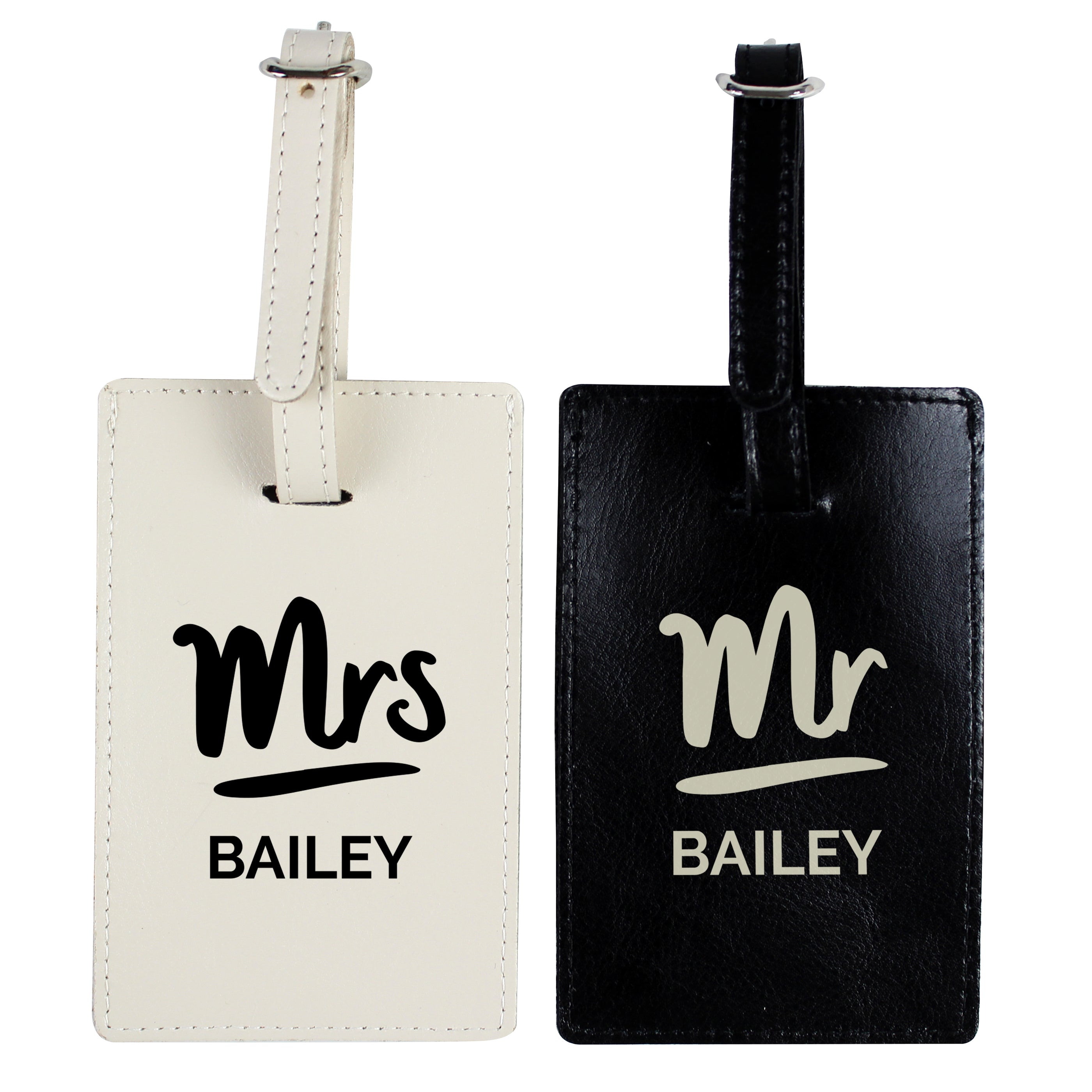 Personalised Mr & Mrs Black & Cream Leather Luggage Tag Set