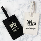 Personalised Mr & Mrs Black & Cream Leather Luggage Tag Set