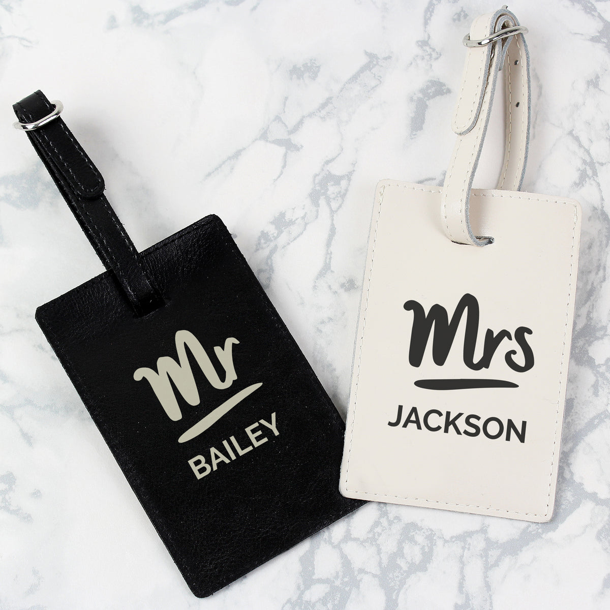 Personalised Mr & Mrs Black & Cream Leather Luggage Tag Set