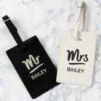 Personalised Mr & Mrs Black & Cream Leather Luggage Tag Set