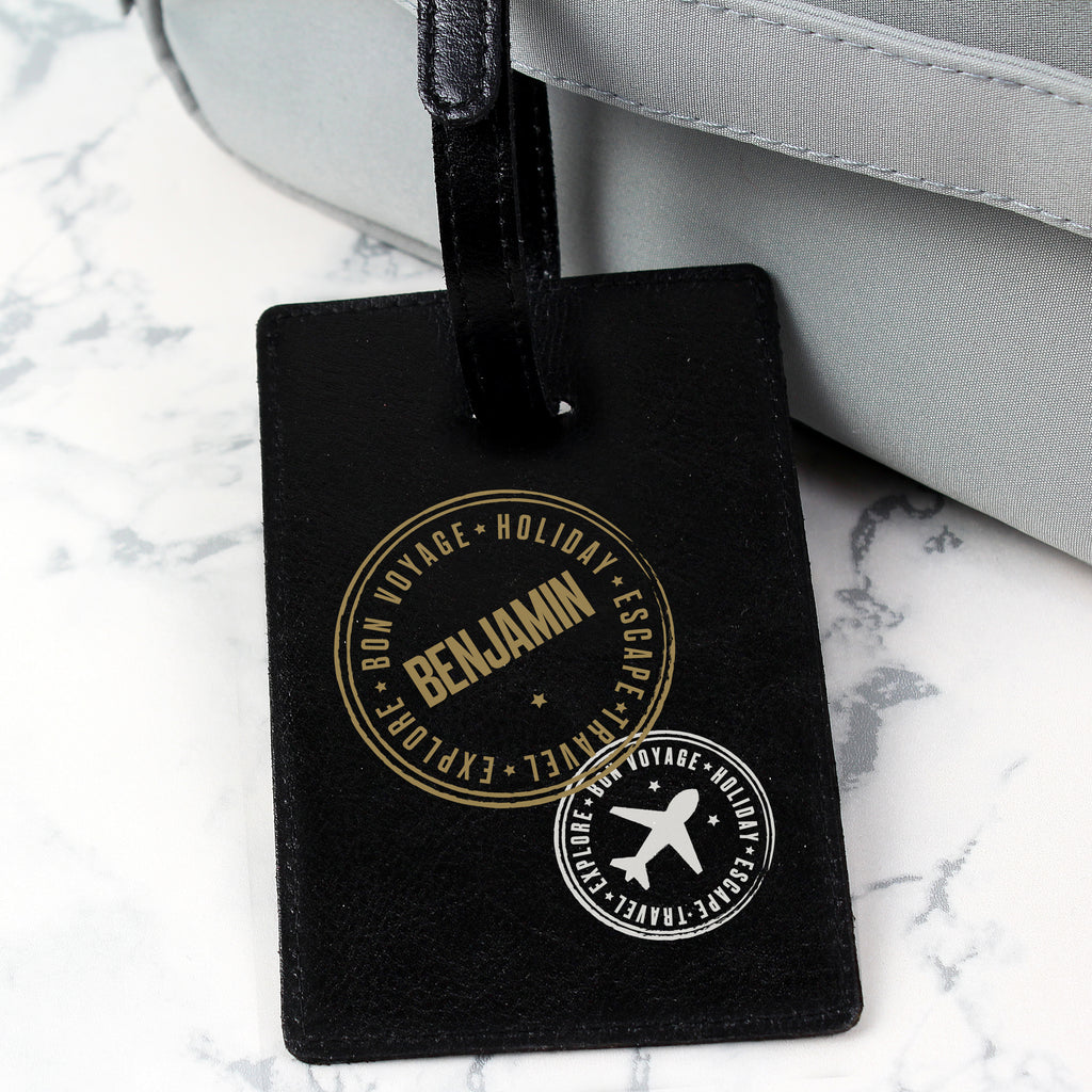 Personalised Stamped Black Leather Luggage Tag