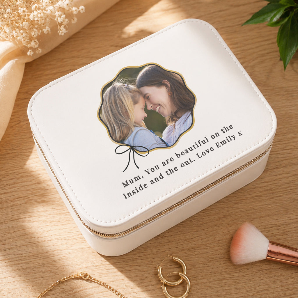 Personalised Scallop Bow Photo Upload Leatherette Jewellery Box