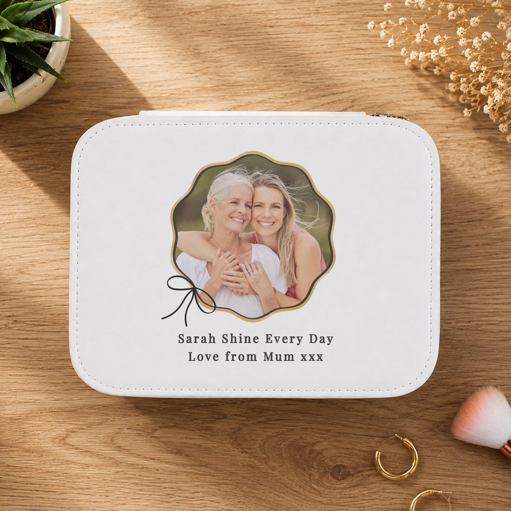 Personalised Scallop Bow Photo Upload Leatherette Jewellery Box