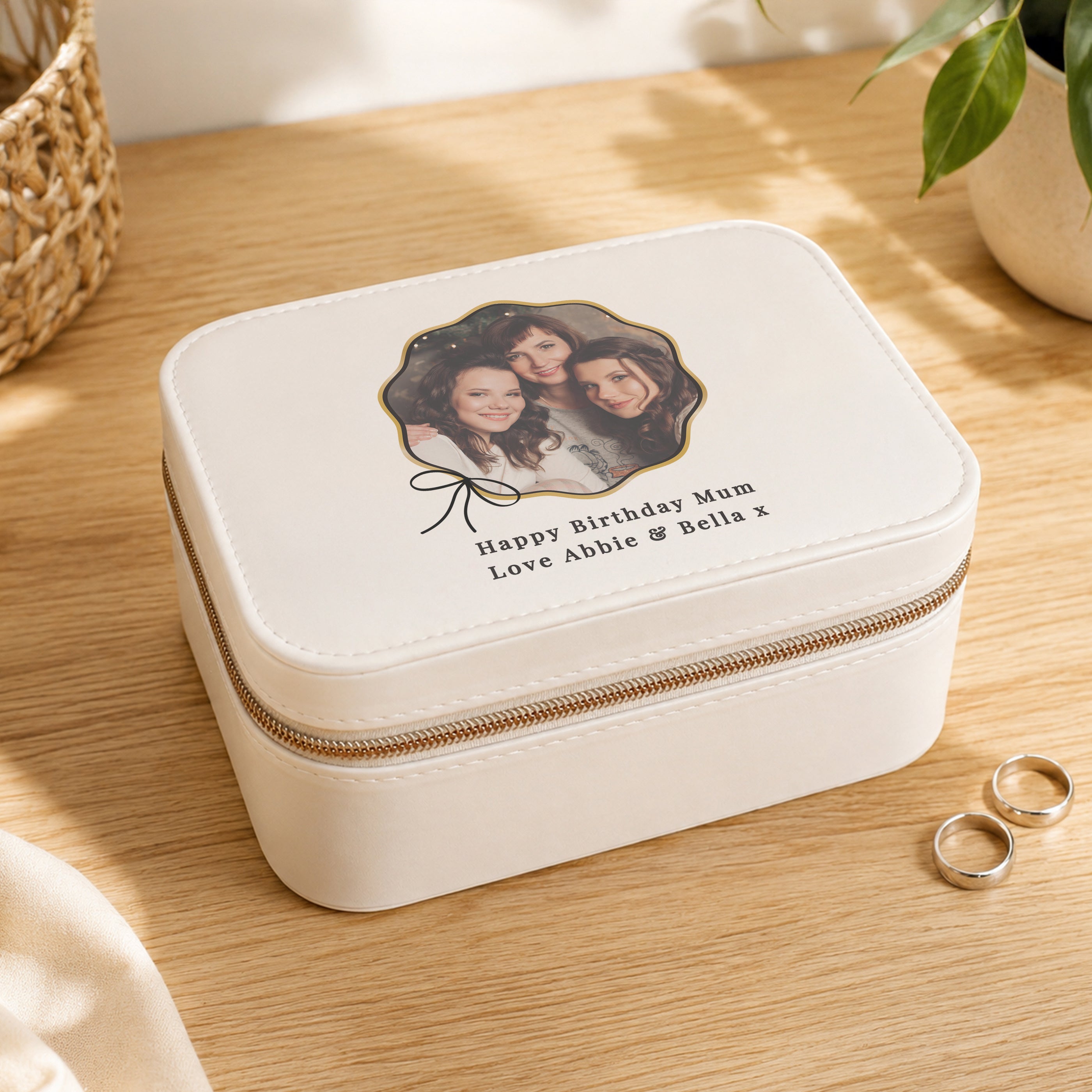 Personalised Scallop Bow Photo Upload Leatherette Jewellery Box