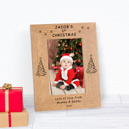 1st Christmas Personalised Oak Photo Frame – Custom Message