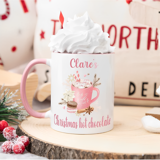 Personalised pink Christmas hot chocolate mug, Personalised Christmas mug, Christmas hot chocolate