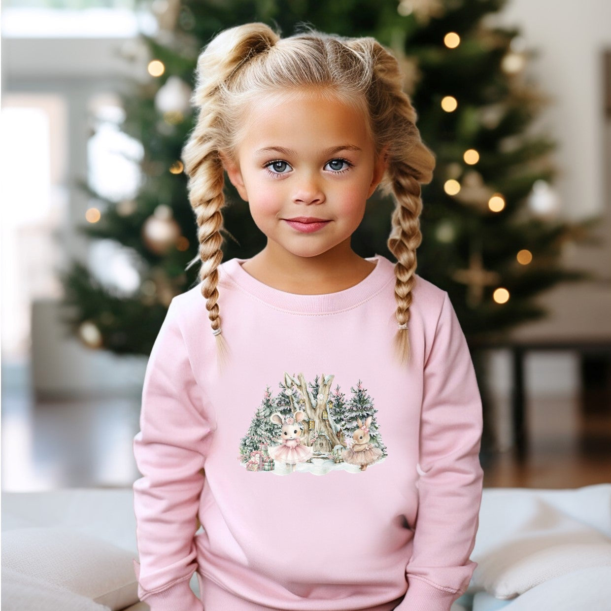 Young girl wearing a pink sweatshirt with a forest design in front of a Christmas tree.