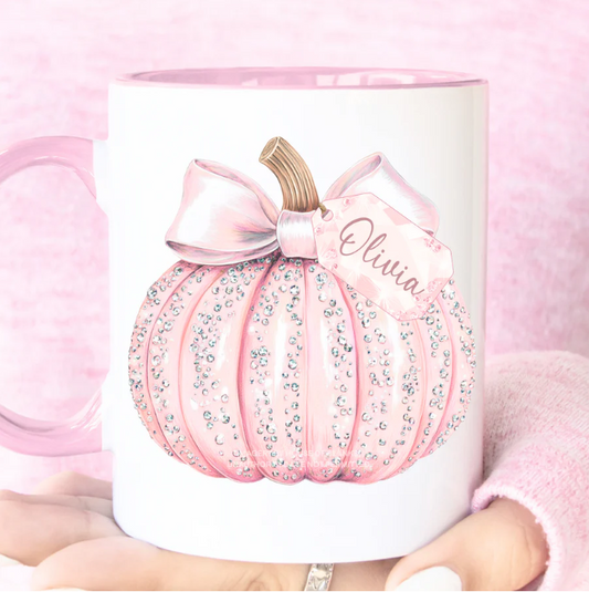 Personalised pink glitter pumpkin Halloween mug