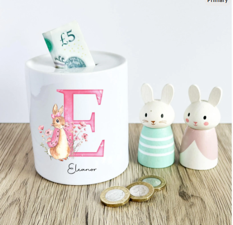 Personalised Flopsy Rabbit Money Box: Ceramic Baby Keepsake