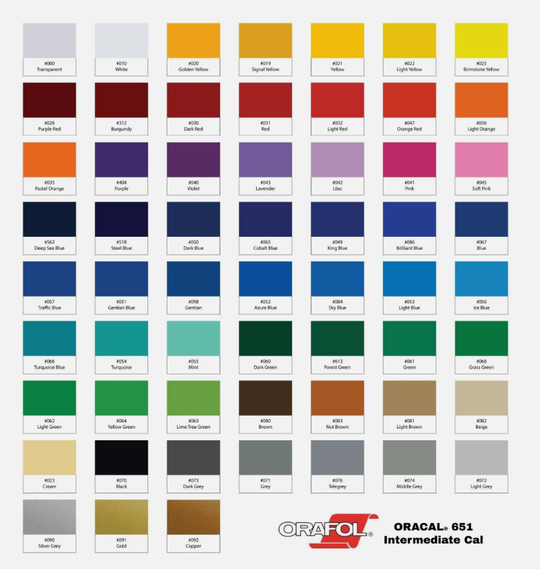 Color swatch chart for ORACAL 651 intermediate cal with various colors.