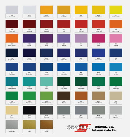 Color swatch chart for ORACAL 651 intermediate cal with various colors.