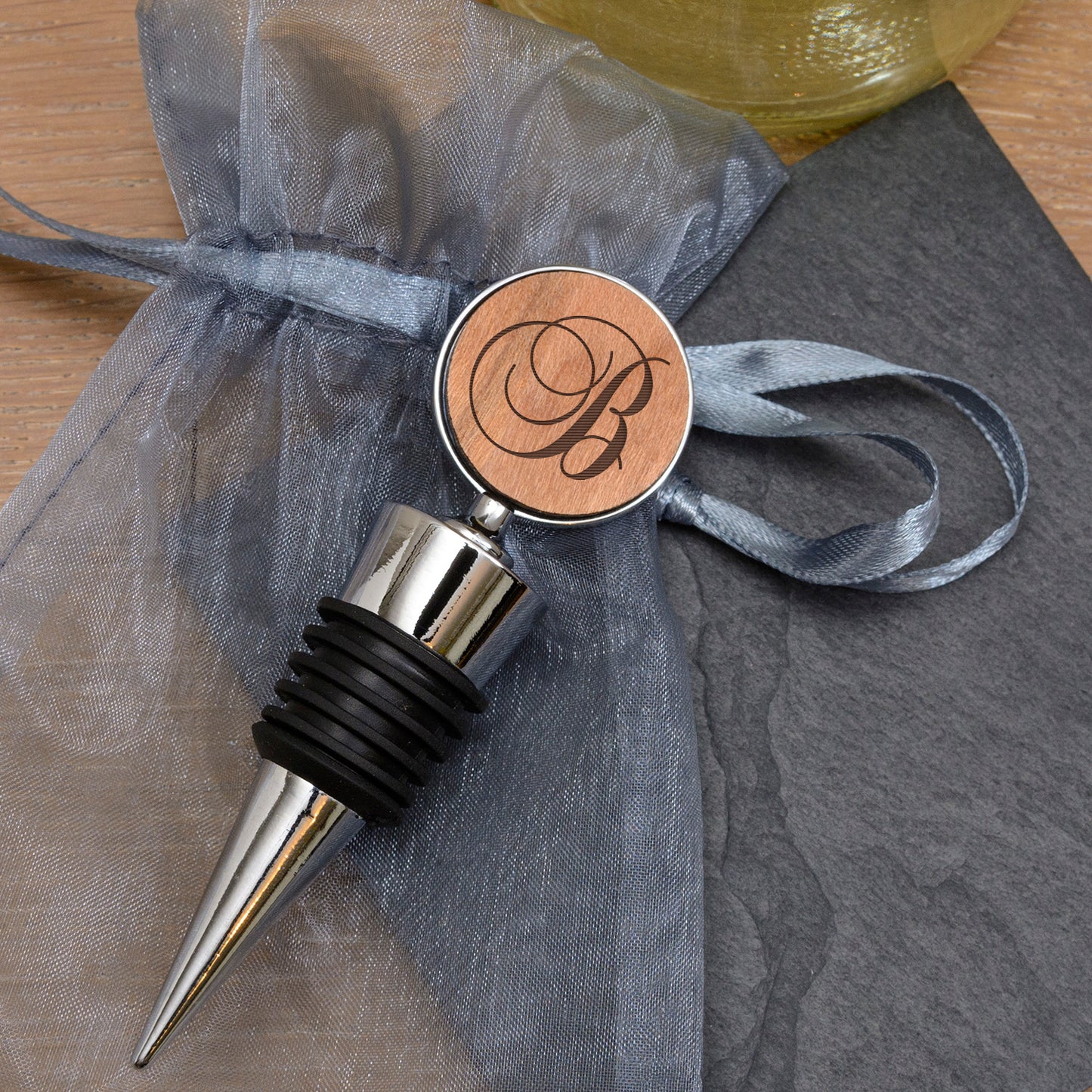 Script Initial Bottle Stopper - Cherrywood