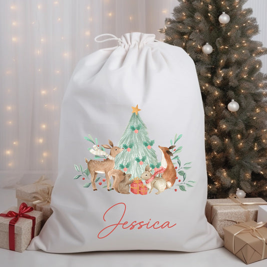 Personalised woodland theme first Christmas sack