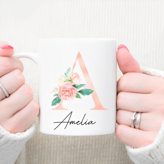 Personalised floral initial mug, watercolour alphabet mug, floral letter mug