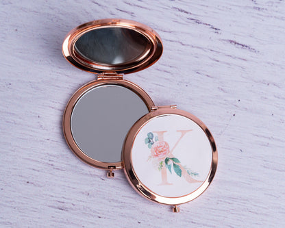 personalised Rose Gold Compact Mirror: Floral Glitter Monogram