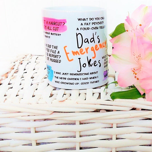 Personalised mug, Emergency Dad Jokes mug, funny mug, humorous mug, Dad jokes, Father's Day gift, Dad gift, gift for a man