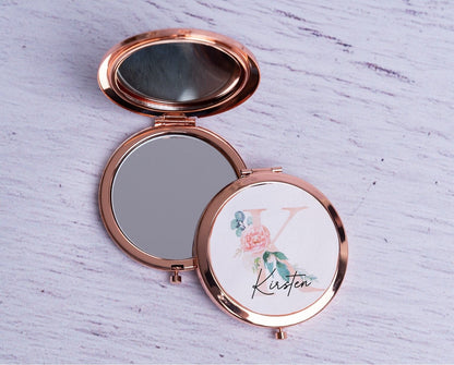 personalised Rose Gold Compact Mirror: Floral Glitter Monogram