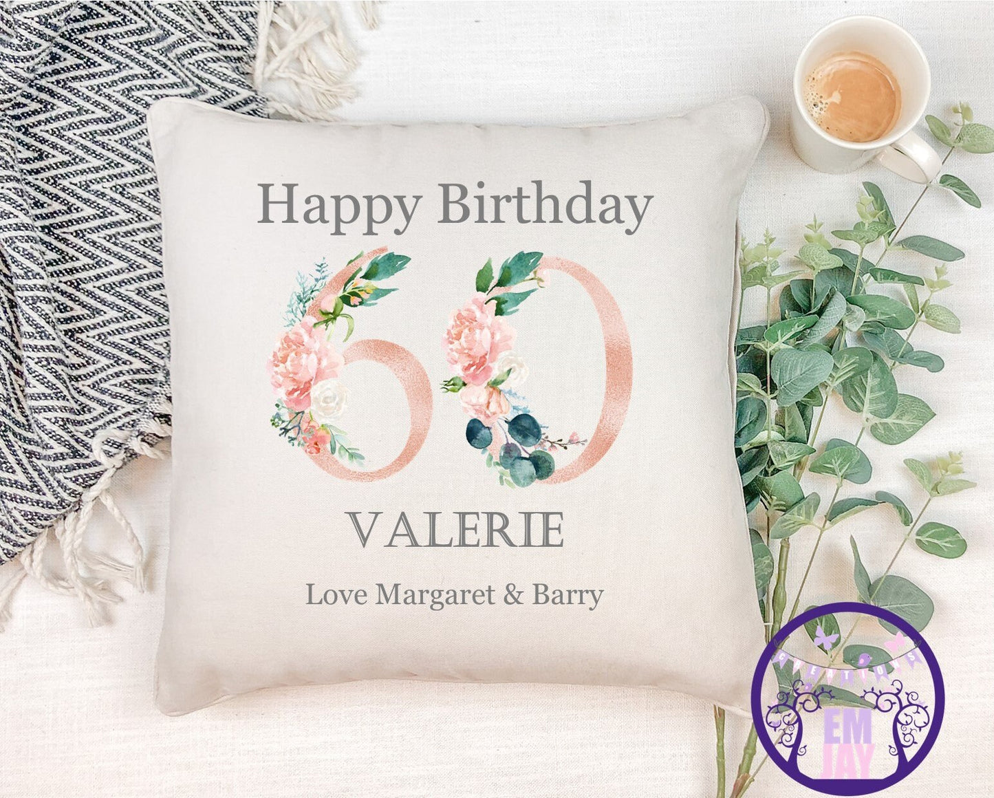 Personalised Floral 60th Birthday Cushion: Monogram Initial Gift