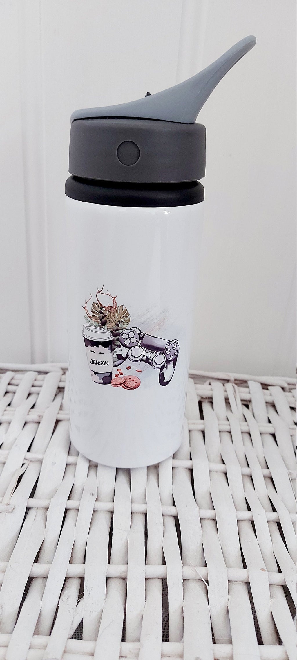 personalised Gamer Water Bottle: Camo Design, Integrated Straw