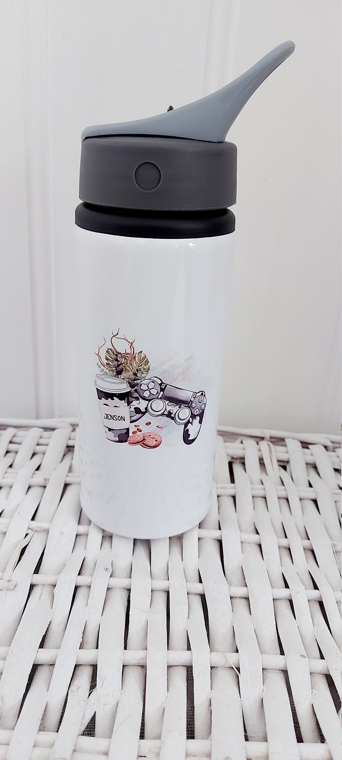 personalised Gamer Water Bottle: Camo Design, Integrated Straw