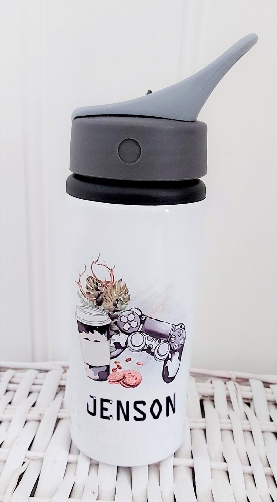 personalised Gamer Water Bottle: Camo Design, Integrated Straw
