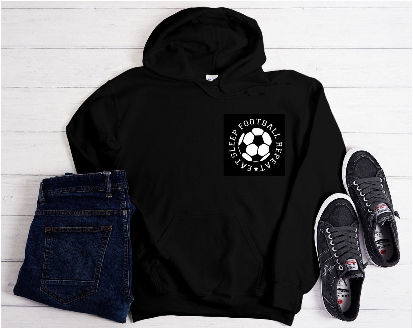 personalised Football Hoodie: Eat Sleep Repeat, Custom Number