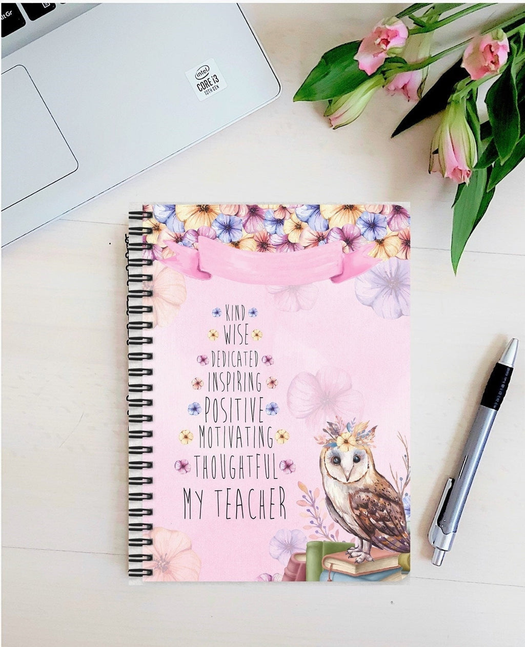 personalised Teacher Notebook: Floral Owl Design, End of Term Gift