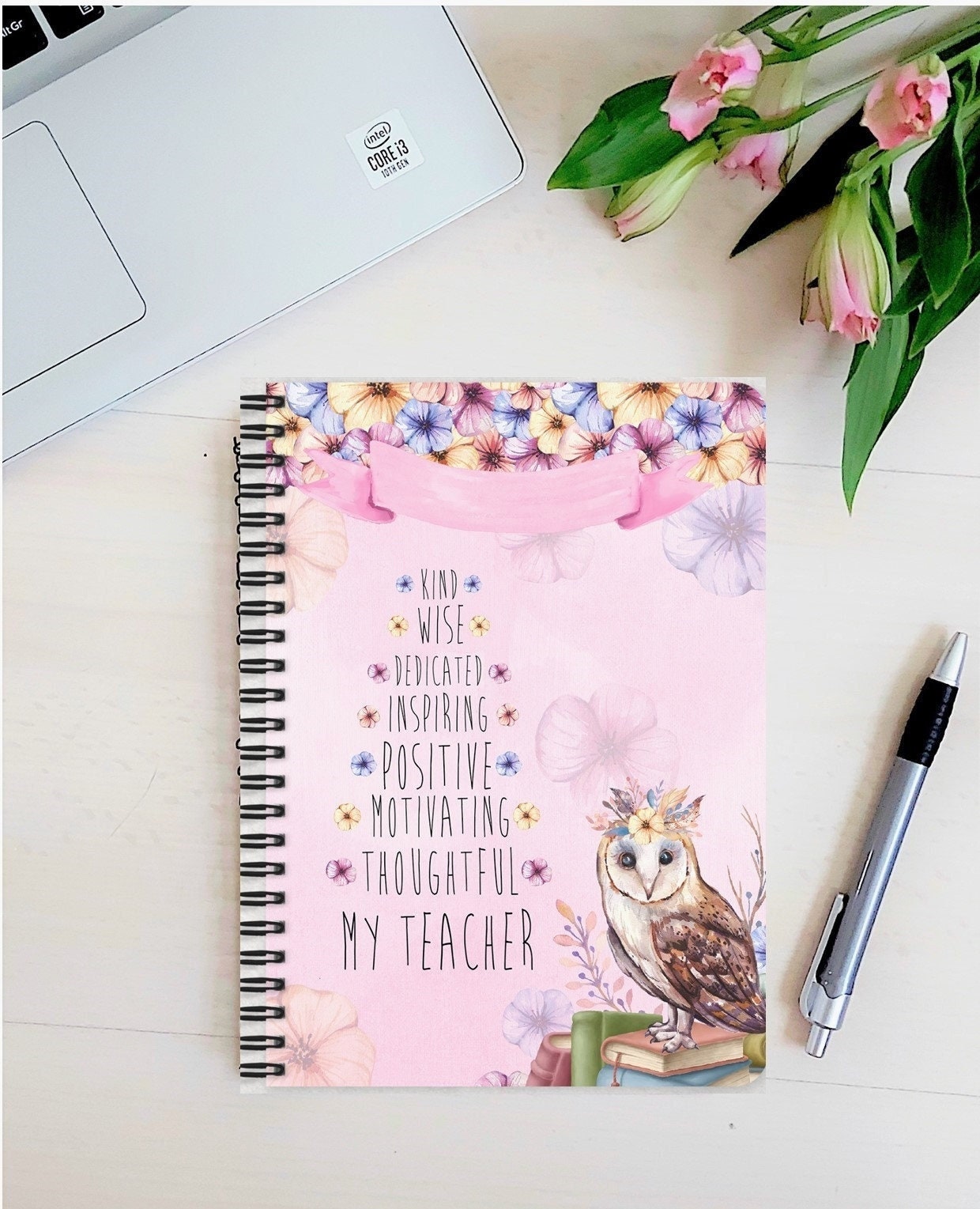 personalised Teacher Notebook: Floral Owl Design, End of Term Gift
