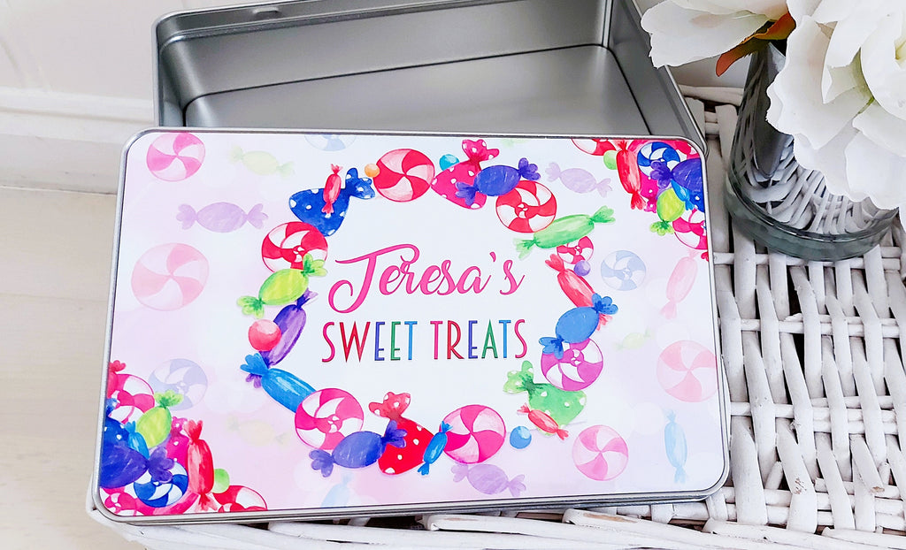 personalised Sweet Tin: Multicolored Candy Design, Gift for Nan
