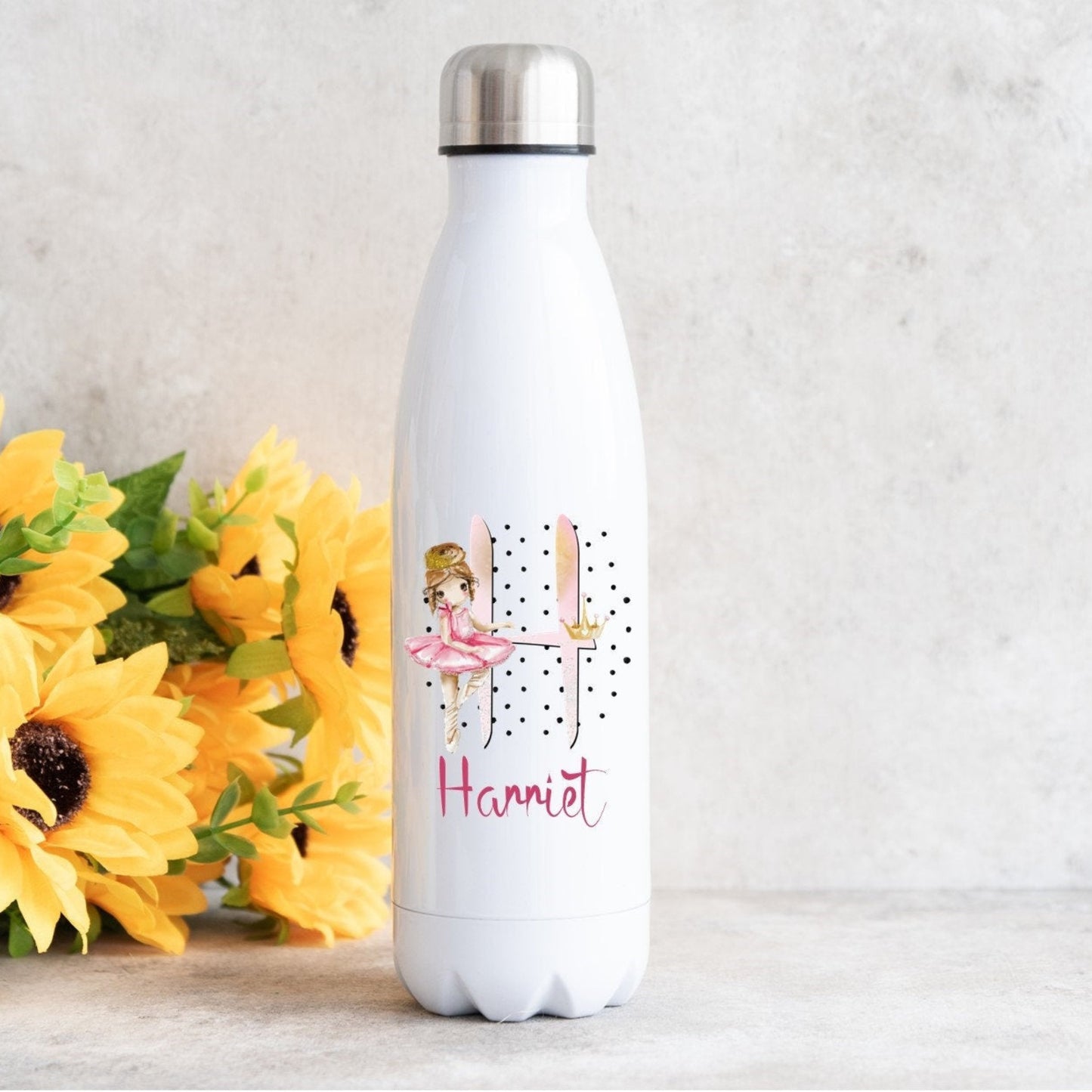 Personalised Ballerina Water Bottle: Stainless Steel 500ml bowling bottle, initial ballerina water bottle