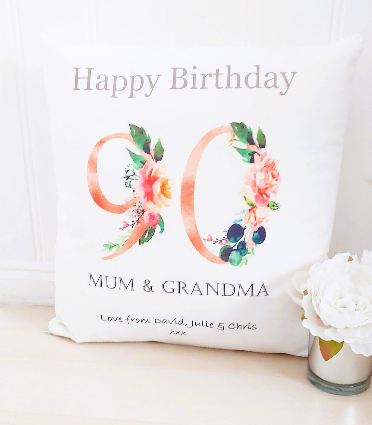Personalised 90th Birthday Cushion: Floral Keepsake Gift