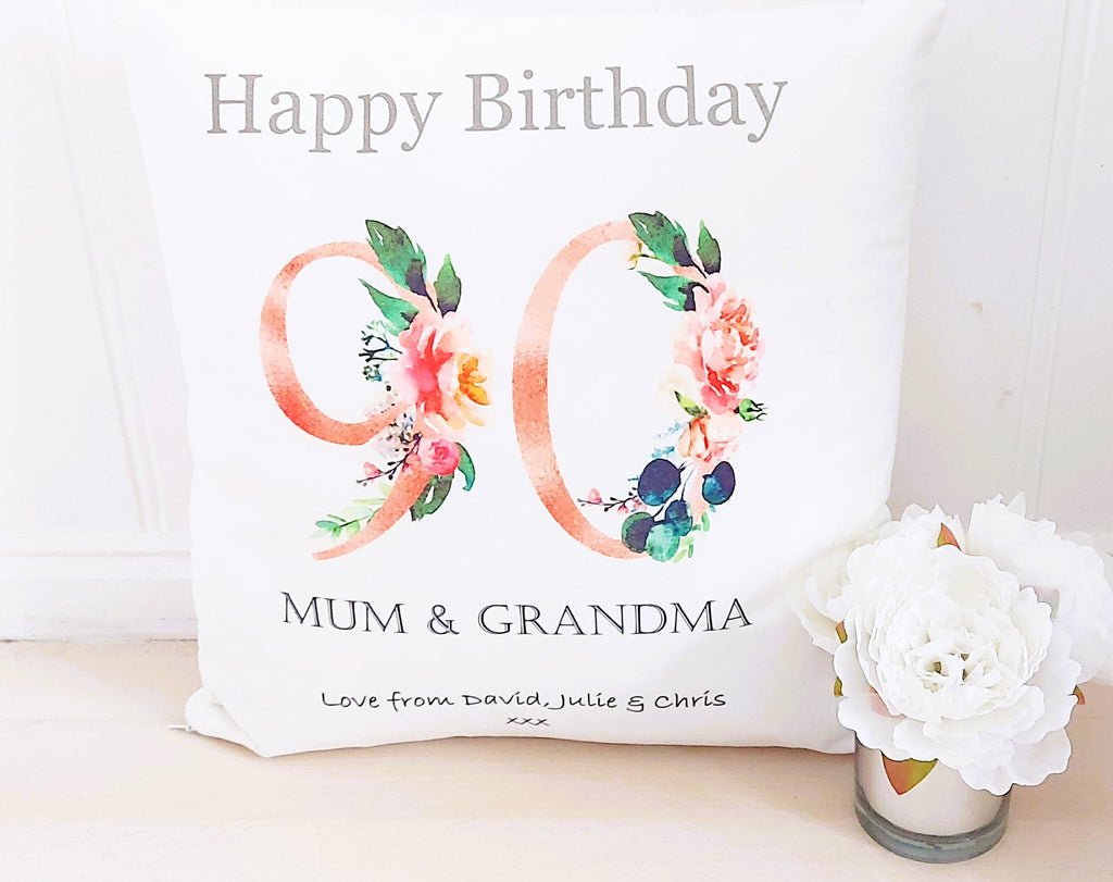 Personalised 90th Birthday Cushion: Floral Keepsake Gift