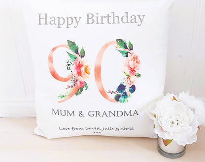 Personalised 90th Birthday Cushion: Floral Keepsake Gift