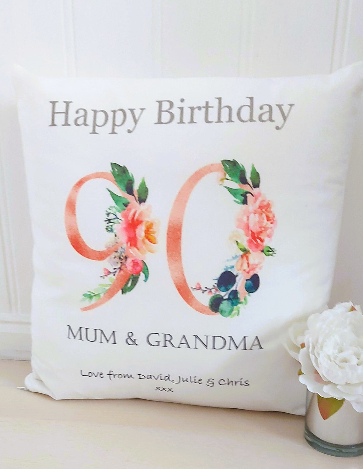 Personalised 90th Birthday Cushion: Floral Keepsake Gift