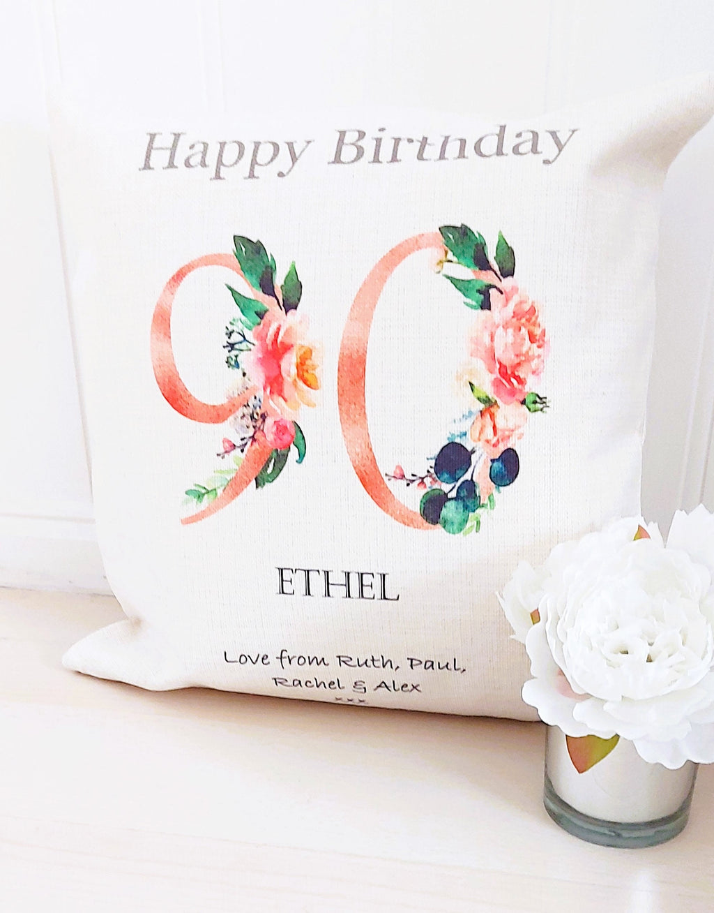 Personalised 90th Birthday Cushion: Floral Keepsake Gift