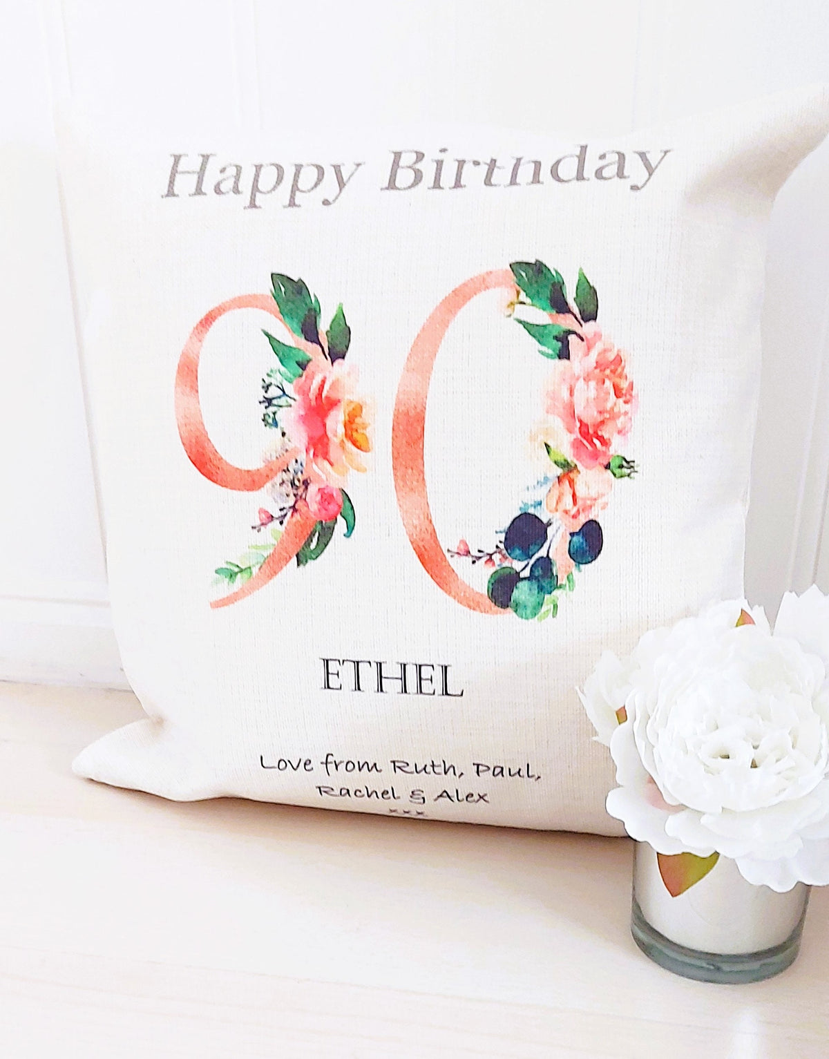 Personalised 90th Birthday Cushion: Floral Keepsake Gift
