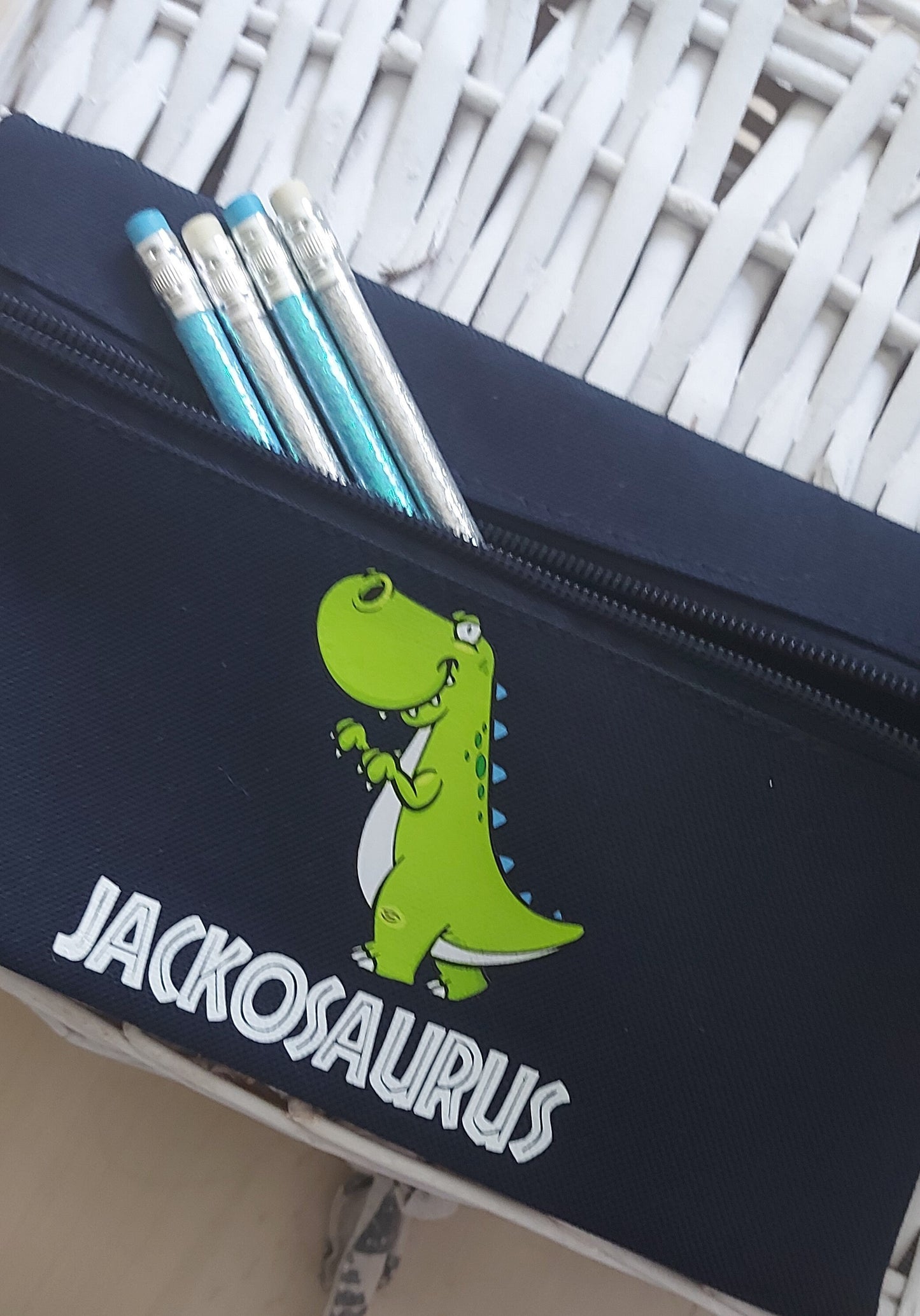 personalised Dinosaur Pencil Case: Navy Blue Child's Gift