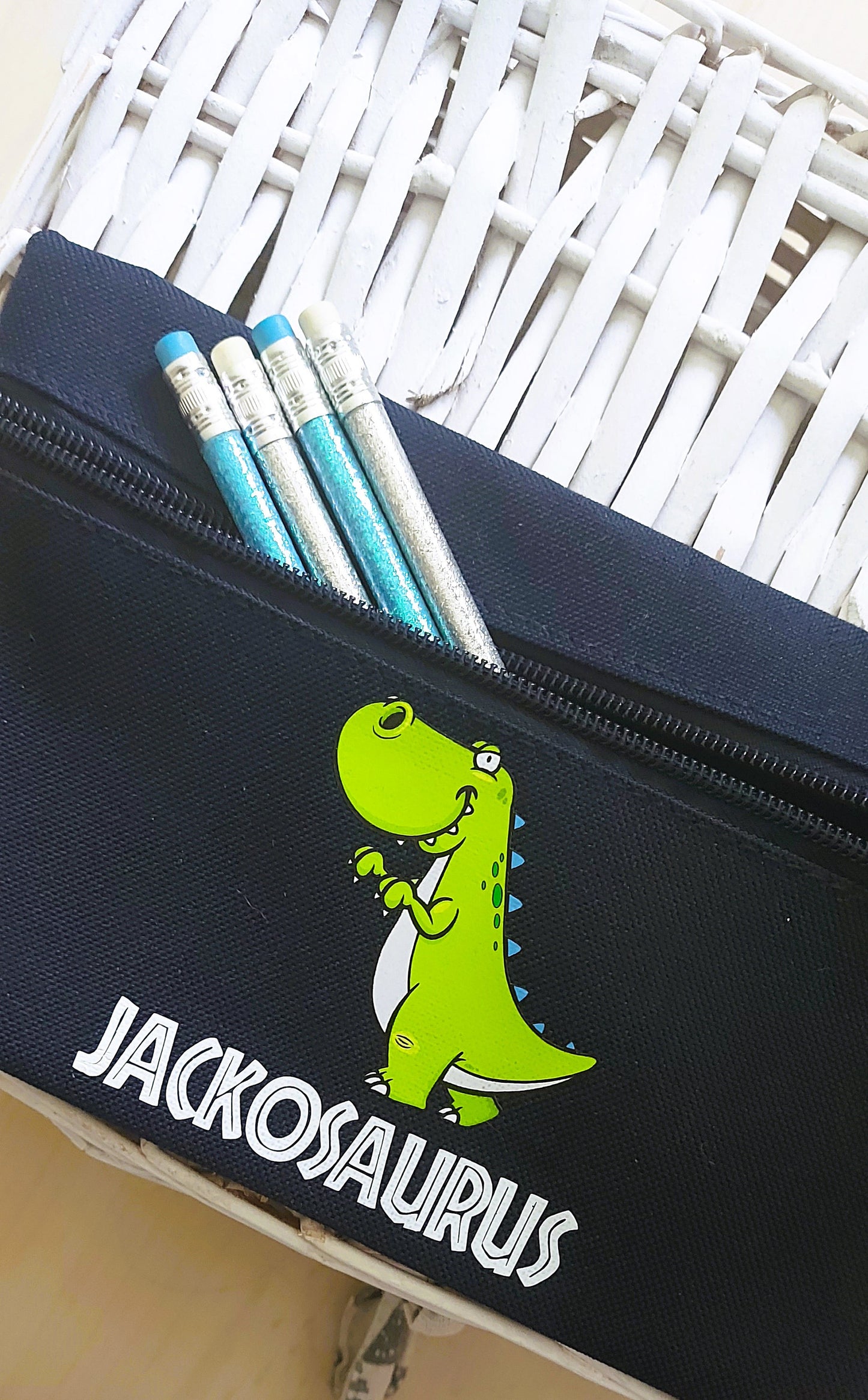 personalised Dinosaur Pencil Case: Navy Blue Child's Gift