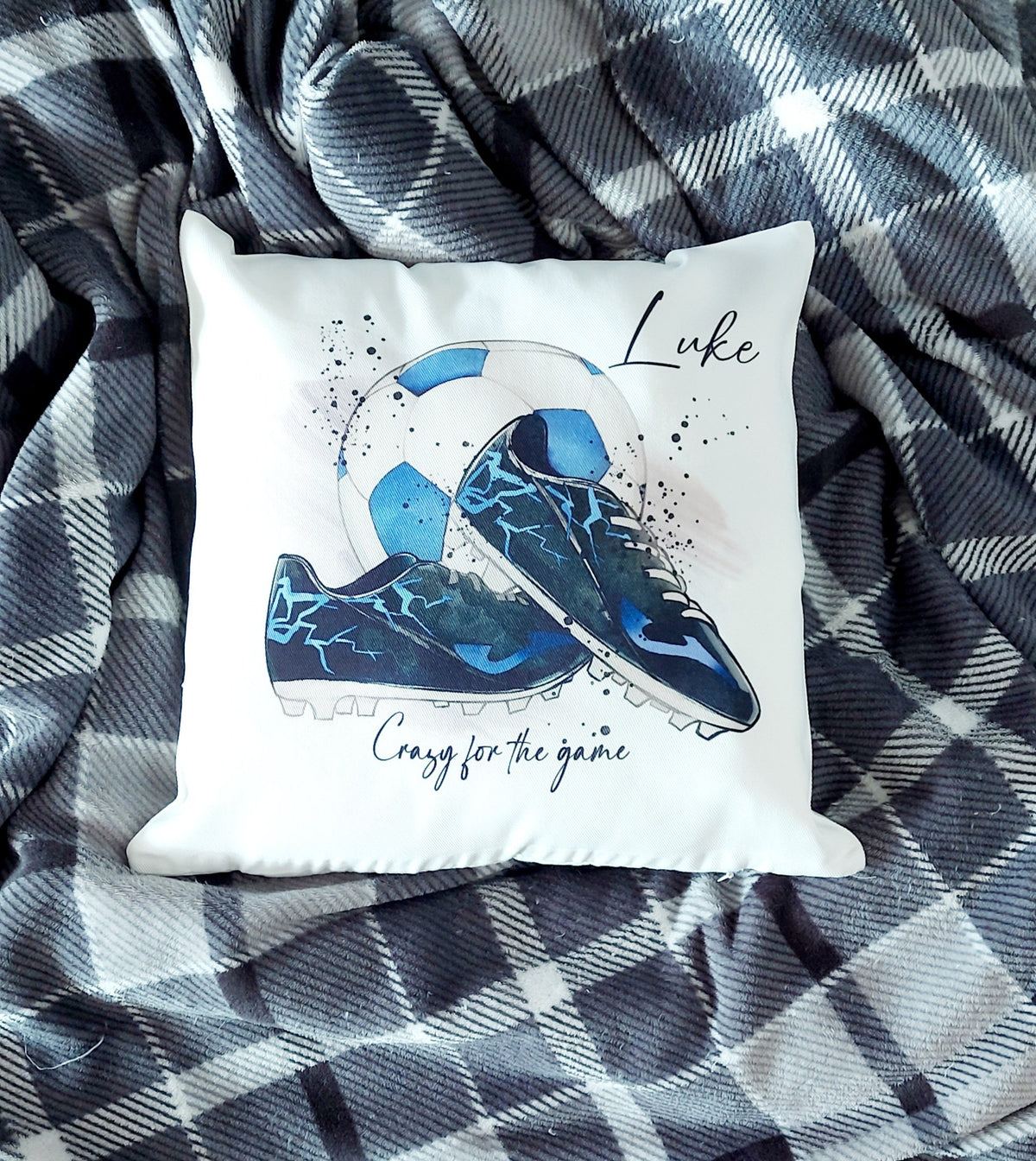 Personalised blue Football Cushion, gift for footballer, football bedroom decor, boys bedroom gifts