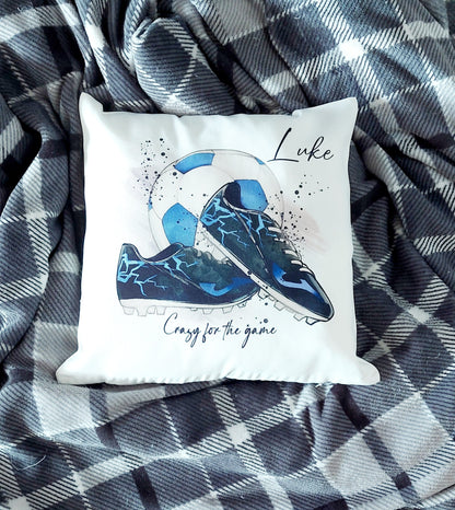 Personalised blue Football Cushion, gift for footballer, football bedroom decor, boys bedroom gifts