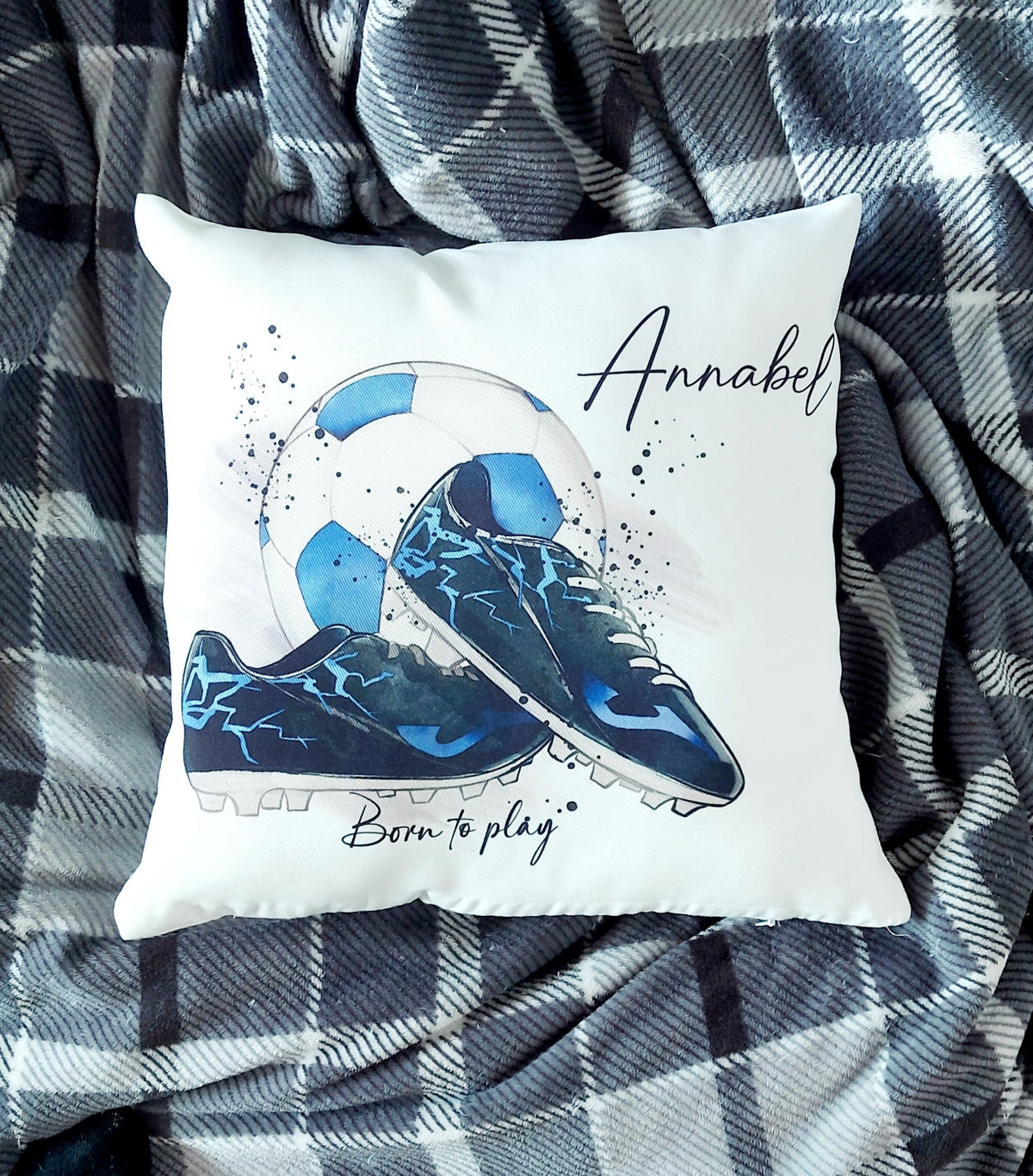 Personalised blue Football Cushion, gift for footballer, football bedroom decor, boys bedroom gifts