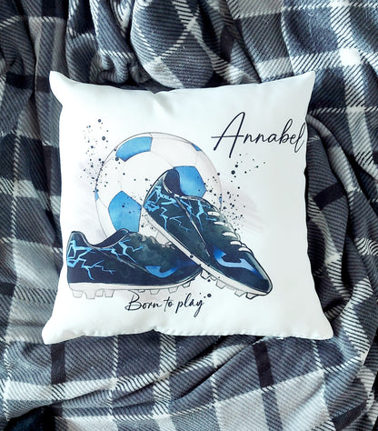 Personalised blue Football Cushion, gift for footballer, football bedroom decor, boys bedroom gifts