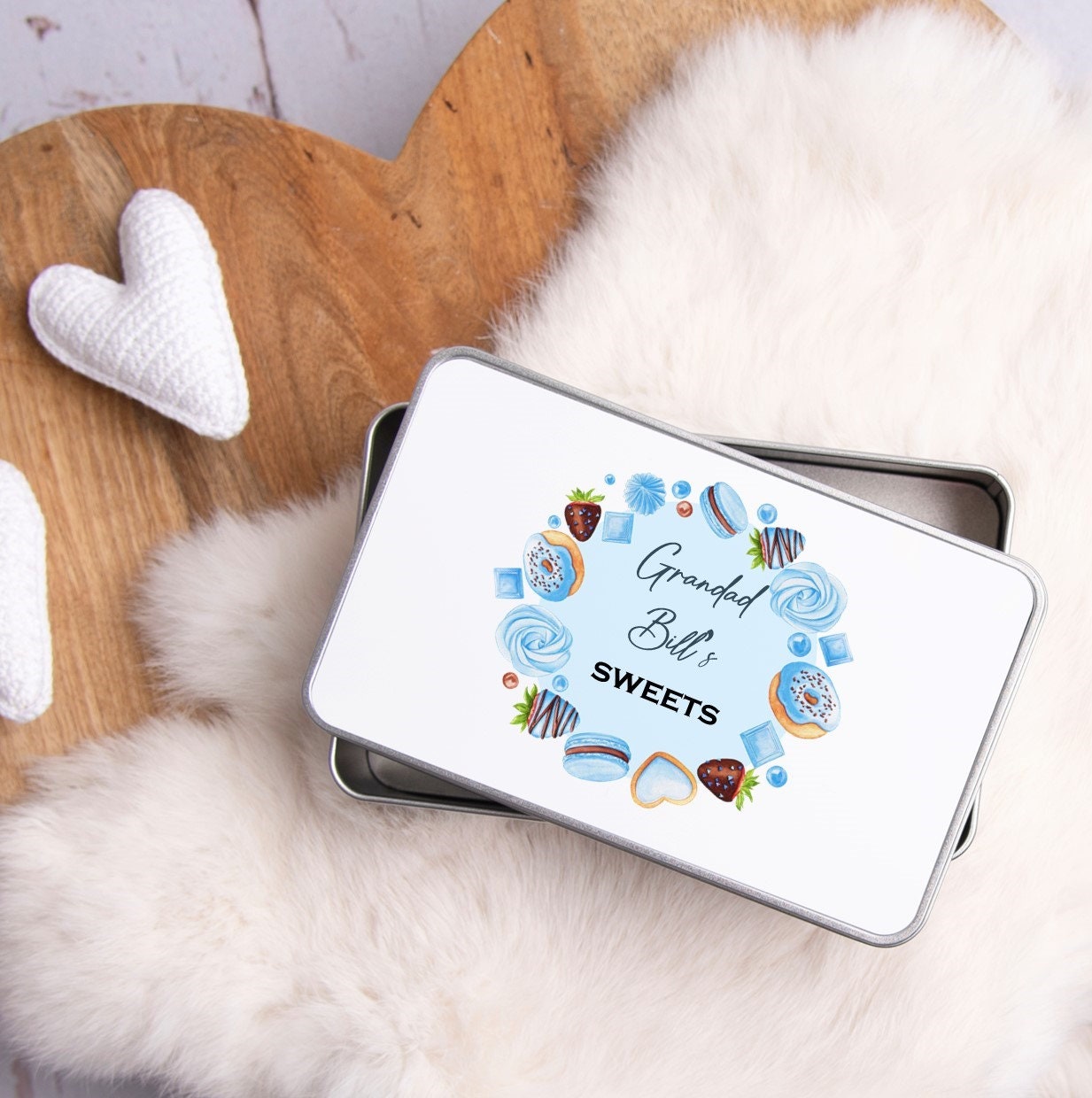 Personalised blue sweet tin: Gift for Grandad, Treat Storage, Dad's sweets, sweet tin for him