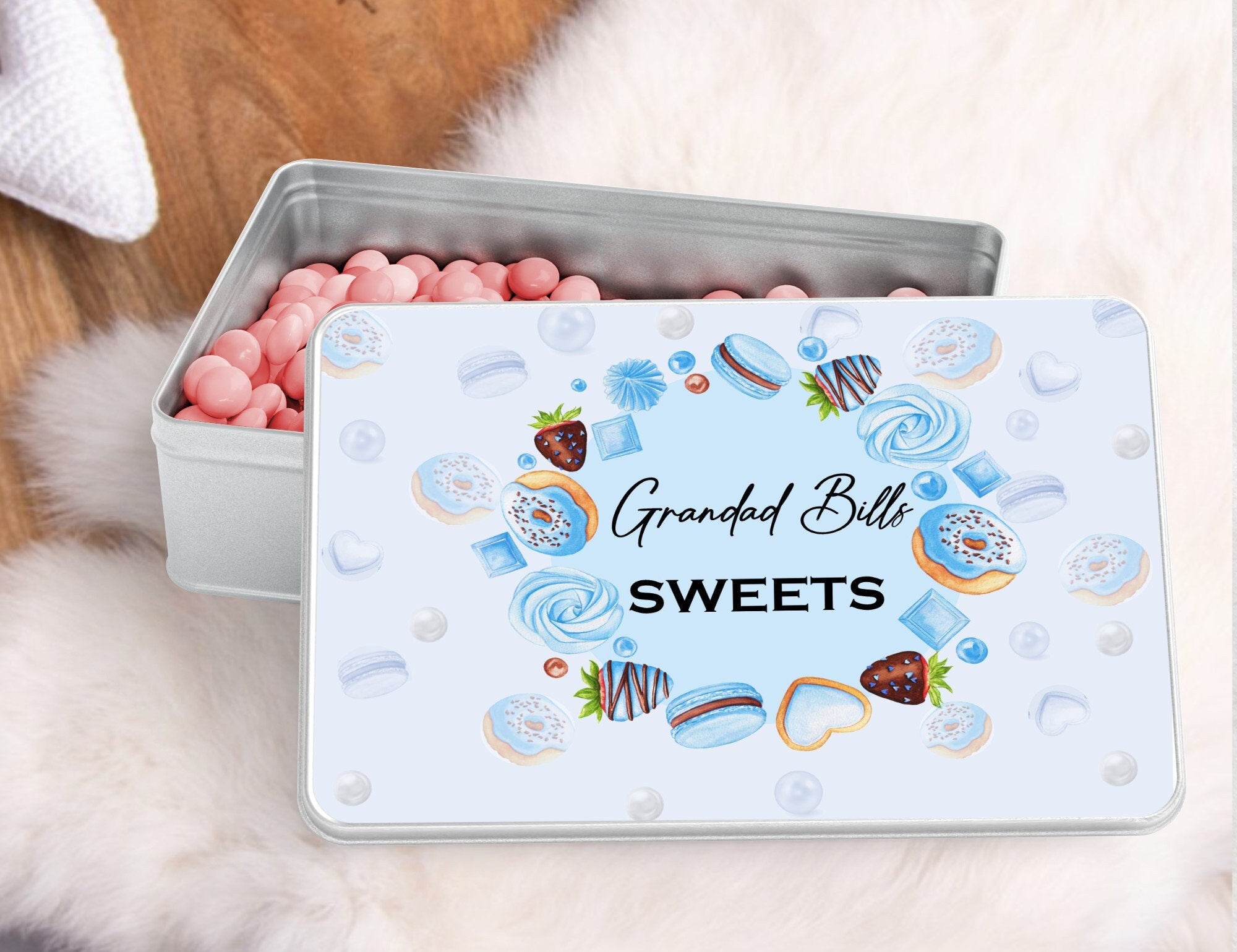 Personalised blue sweet tin: Gift for Grandad, Treat Storage, Dad's sweets, sweet tin for him