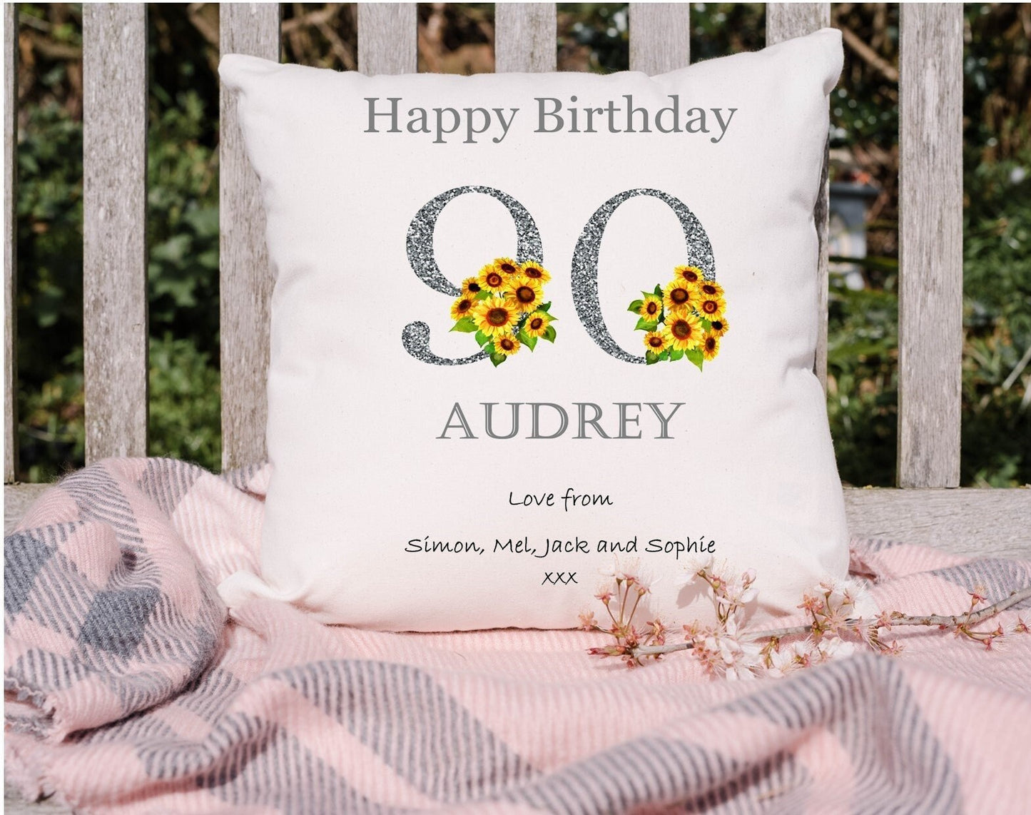 Personalised 90th Birthday Sunflower Cushion